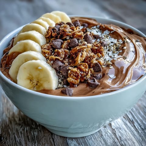 A thick, chocolatey Chunky Monkey Smoothie Bowl featuring creamy peanut butter swirls and a sprinkle of nutritious seeds.