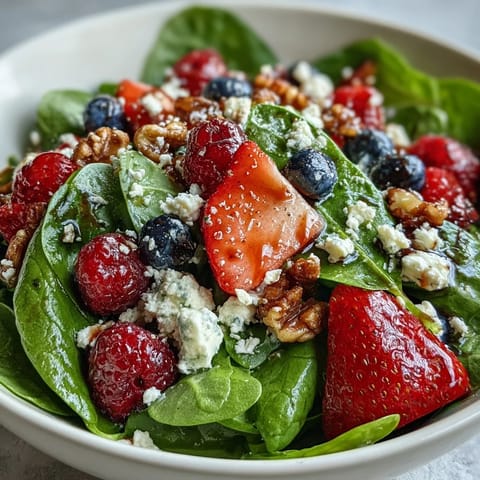 Fresh baby spinach and mixed berries tossed with creamy goat cheese and crunchy walnuts in a Spinach and Berry Salad Bowl, drizzled with tangy balsamic vinaigrette.