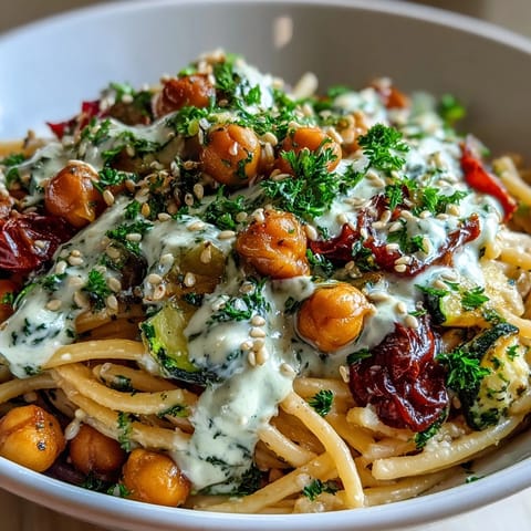 Hearty bowl of chickpea pasta tossed with caramelized cherry tomatoes and a smooth lemon-tahini dressing. 