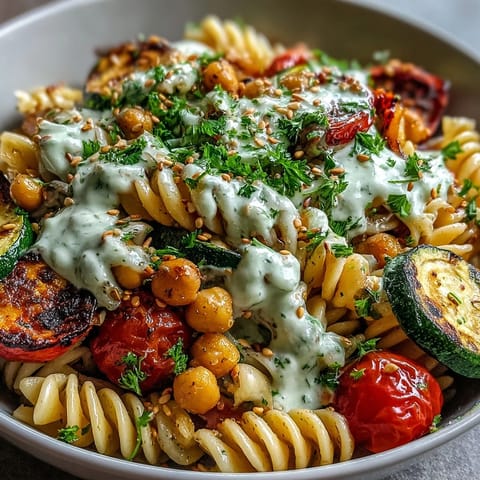 Golden roasted zucchini and bell peppers over chickpea pasta, drizzled with creamy tahini sauce and garnished with parsley. 