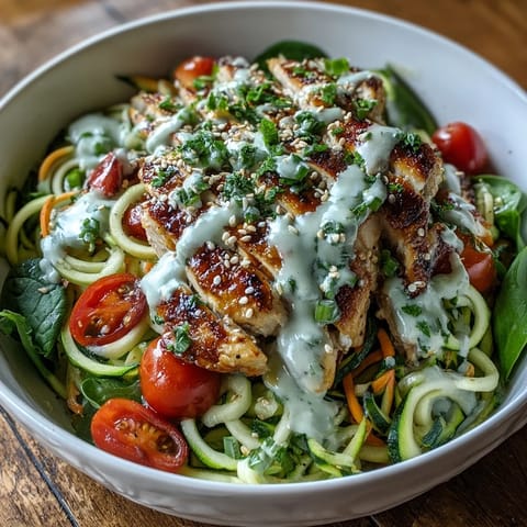 Fresh spiralized zucchini and sweet potato noodles are topped with grilled chicken and drizzled with creamy tahini sauce in a white bowl.