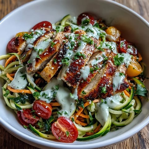 A close-up view of a vibrant spiralized vegetable bowl featuring fresh spinach, cherry tomatoes, and a generous garnish of toasted sesame seeds.