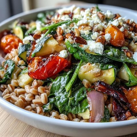 Warm Farro Pasta Bowl topped with crumbled feta, toasted pine nuts, and fresh parsley next to a glass of white wine.