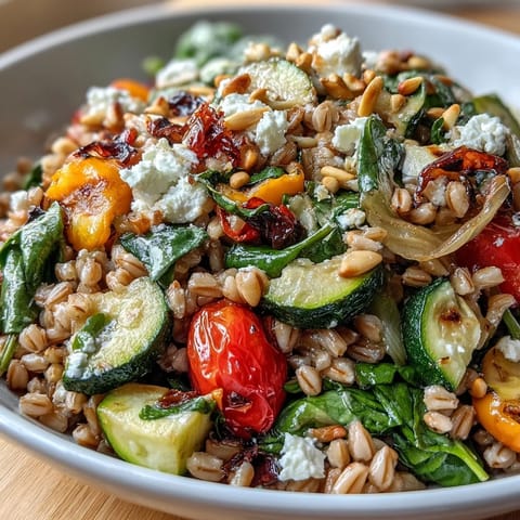 Colorful sautéed zucchini, red and yellow bell peppers, and cherry tomatoes shine in a vibrant Mediterranean Farro Pasta Bowl.
