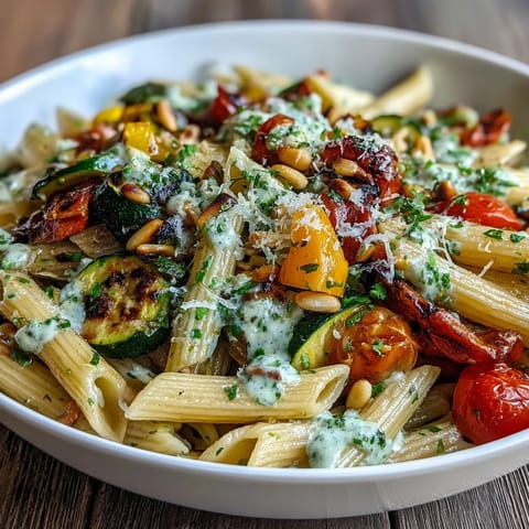 A close-up of a Whole Wheat Pasta Bowl with roasted zucchini and bell peppers in a creamy bean sauce.
