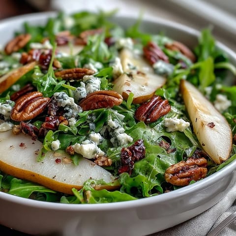 Freshly sliced pears and crumbled blue cheese top a bed of peppery Arugula and Pear Bowl, garnished with toasted walnuts.