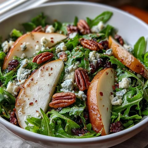 A light balsamic dressing glistens over the vibrant Arugula and Pear Bowl, ready to serve as a refreshing lunch.