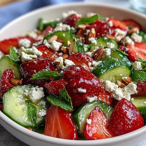 Fresh cucumber and strawberry salad with mint, a colorful springtime dish bursting with juicy berries and crisp veggies.