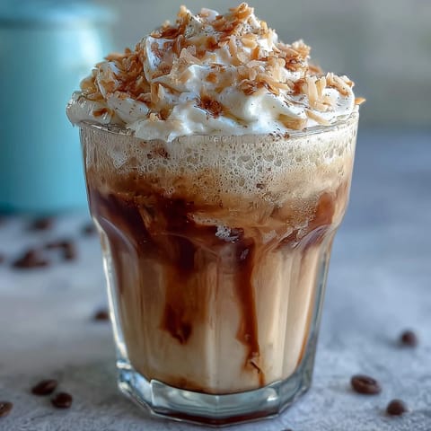 Iced Vanilla Bean Frappuccino with Toasted Coconut Foam in a tall glass, topped with creamy coconut milk foam and golden toasted coconut flakes.