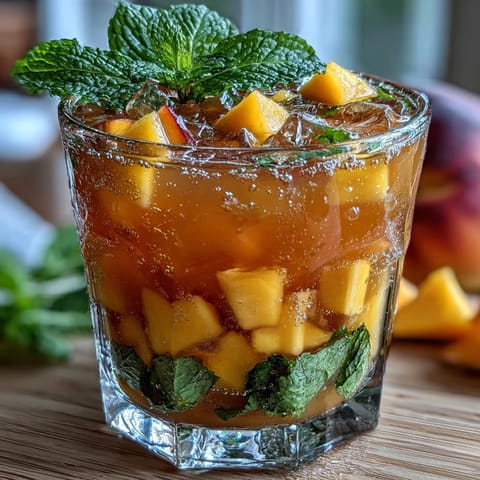 Mango Peach Sangria with fresh fruit slices, citrus, and mint—perfect for summer gatherings and family picnics.