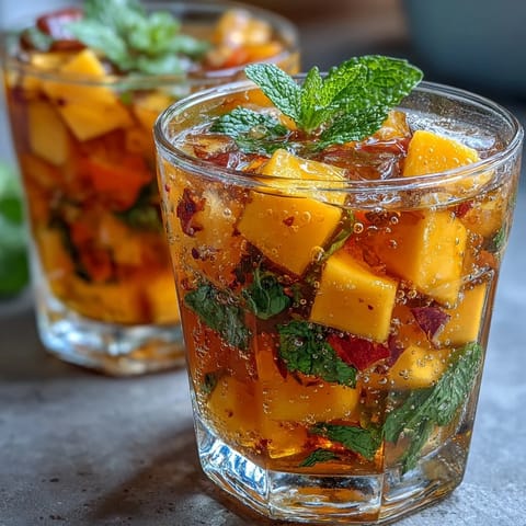 A refreshing alcohol-free sangria with juicy mango, ripe peaches, and sparkling water—ideal for sunny days.