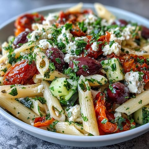 Vibrant Greek pasta salad with olives and feta, featuring fresh vegetables and tangy dressing in a serving bowl.