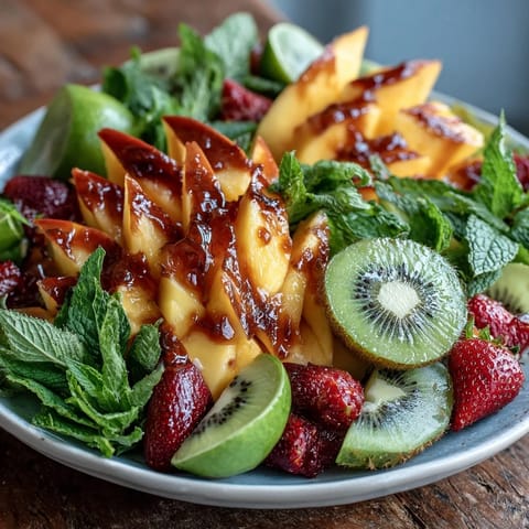 A vibrant tropical fruit display featuring ripe mangoes, pineapples, and colorful fruits arranged for summer parties.