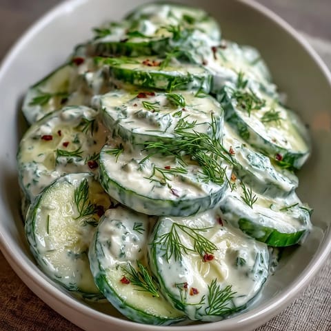 A bowl of creamy cucumber salad with dill, showcasing crisp cucumber slices in tangy Greek yogurt dressing.