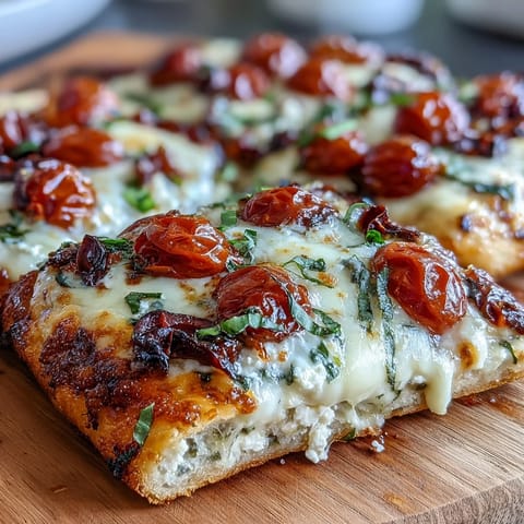 Golden cottage cheese flatbread topped with savory pizza sauce, cherry tomatoes, and olives, perfect for a quick dinner.  