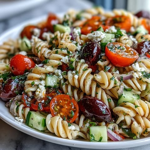 Fresh summer pasta salad with Italian dressing, colorful vegetables, and mozzarella, perfect for picnics and potlucks.