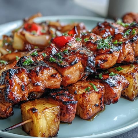 Grilled pineapple chicken skewers feature juicy marinated chicken and sweet pineapple chunks sizzling on the grill.