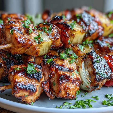 Tropical grilled chicken skewers with caramelized pineapple and colorful bell peppers create a perfect summer meal.