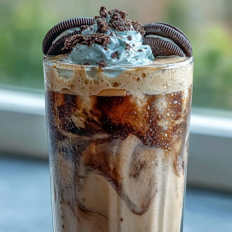 A creamy, indulgent cookies and cream cold brew with smooth coffee and crushed chocolate cookies swirled together.