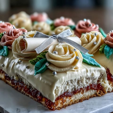 Festive graduation sheet cake featuring luscious buttercream roses and an edible diploma, ideal for honoring graduates in style.  