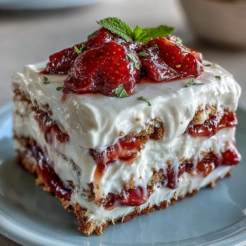 A vibrant no-bake icebox cake layered with whipped cream, graham crackers, and fresh strawberries for Memorial Day.