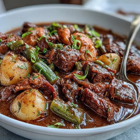 A steaming bowl of Kentucky Derby Burgoo Stew, packed with tender meats and colorful vegetables in a savory broth.  