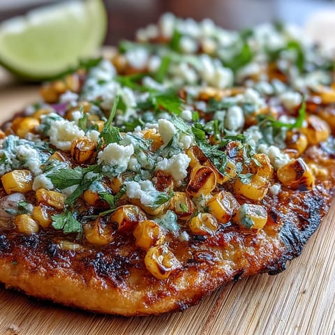 Vibrant Cinco de Mayo street corn flatbread with charred corn, cotija cheese, and zesty jalapeño crema drizzle.