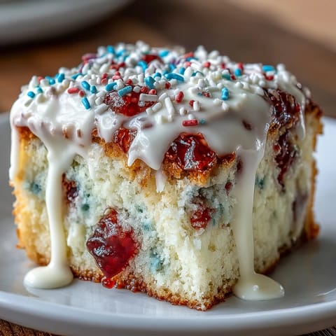 Colorful Patriotic Poke Cake with creamy white chocolate ganache, ready for celebration.