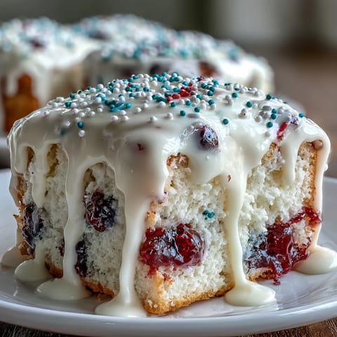 Festive Patriotic Poke Cake showcases vibrant colors, a moist cake, and smooth ganache topping.