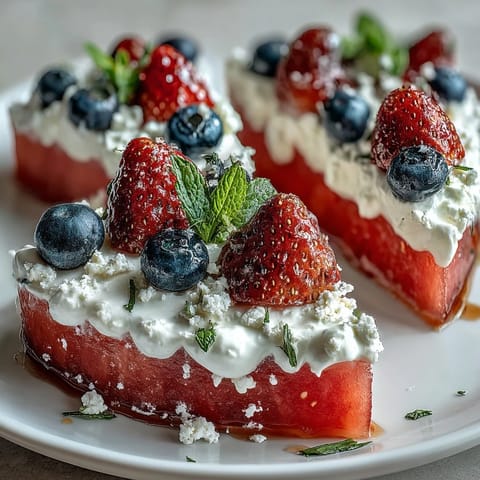 Festive 4th of July watermelon pizza topped with vibrant berries and fluffy cream.