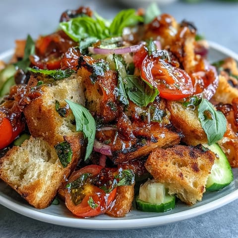 Summer Panzanella with grilled bread boasts vibrant tomatoes and fresh basil.