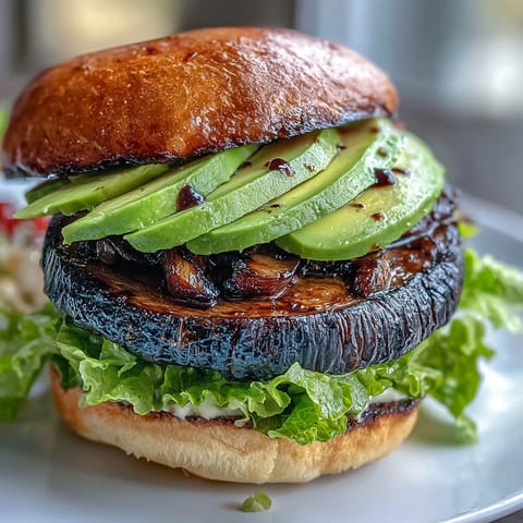 Juicy grilled portobello mushroom burgers stacked high with fresh avocado and veggies.