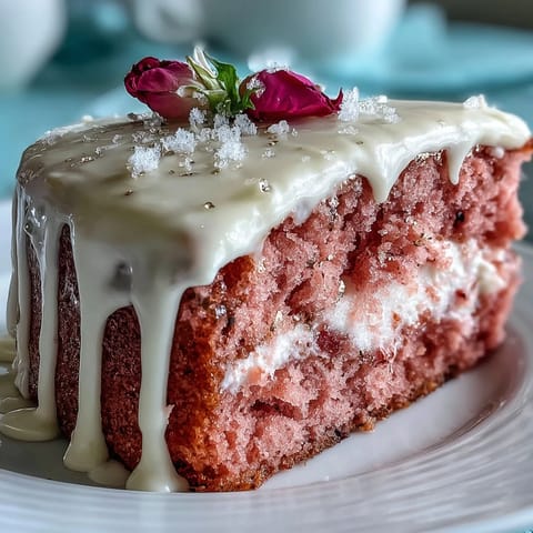 Decadent pink Rosé Velvet Cake, perfect for celebrations with a delicate drip.