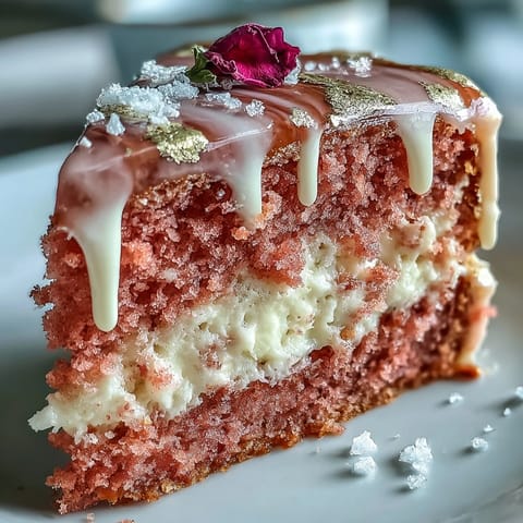 Decadent pink velvet cake infused with rosé, glistening gold drips.