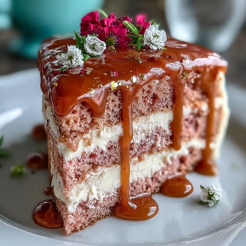 Delicate pink Rosé Velvet Cake with decadent cream cheese frosting and shimmer.