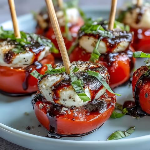Mini Caprese skewers bursting with ripe tomatoes, creamy mozzarella, and fresh basil.