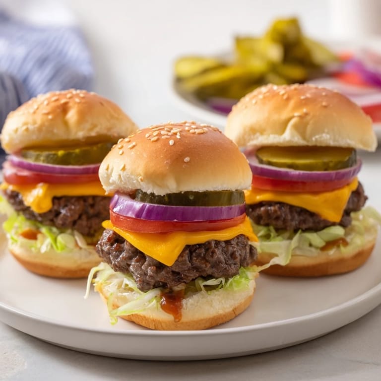 Close-up of a delicious slider recipe showcasing a soft sesame bun, a melted cheese-covered patty, and fresh colorful toppings inside.