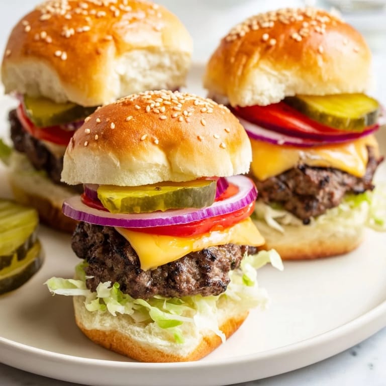 Two mini hamburger sliders on a checkered tray, featuring tangy pickles and onions atop perfectly seared beef patties ready to serve.