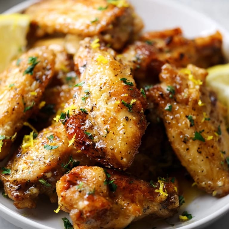 Glossy Lemon Pepper Wings with visible citrus zest, offering a spicy and bright flavor profile on a dark plate.