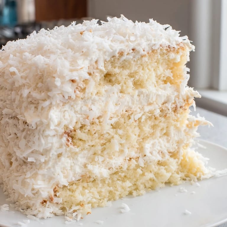Slices of moist Coconut Cake rest on a dessert plate, surrounded by fresh flowers for a celebration.