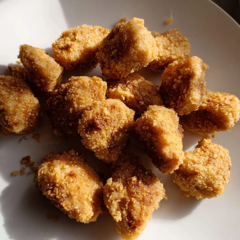 Freshly fried Popcorn Chicken served in a red basket with ranch and honey mustard dipping sauces.