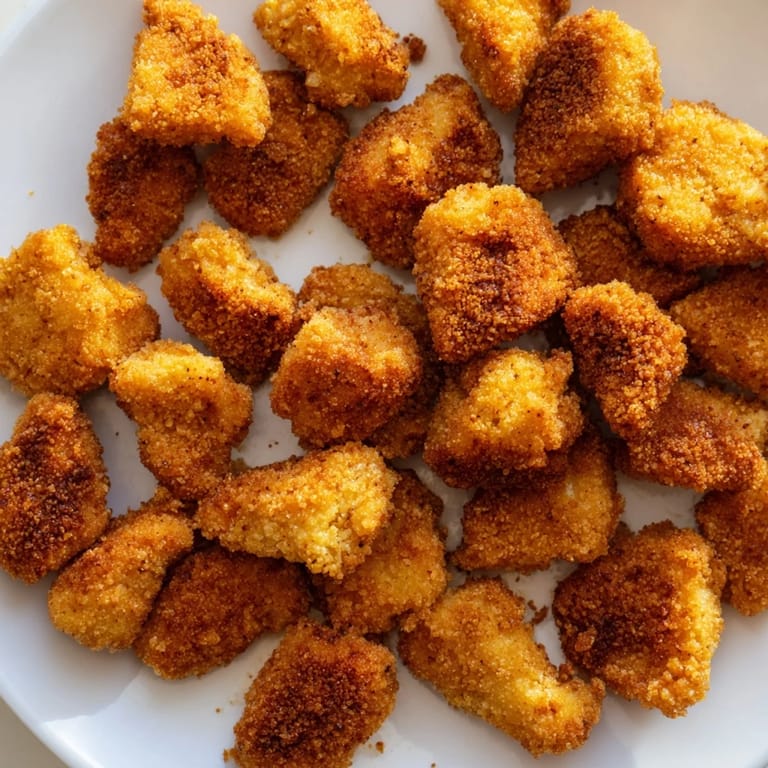 Small, bite-sized Popcorn Chicken pieces coated in a flavorful, golden crust ready for snacking or sharing.