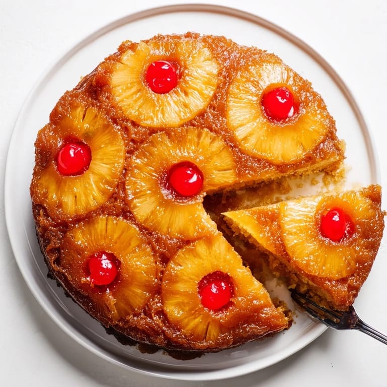 Classic Pineapple Upside-Down Cake inverted onto a white plate, showcasing glossy brown sugar glaze and moist, tender cake crumb.