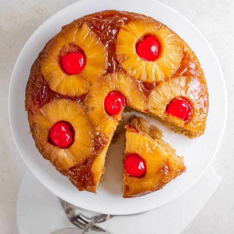 Rustic Pineapple Upside-Down Cake slice on a plate with a dollop of whipped cream, perfect for a comforting American dessert.