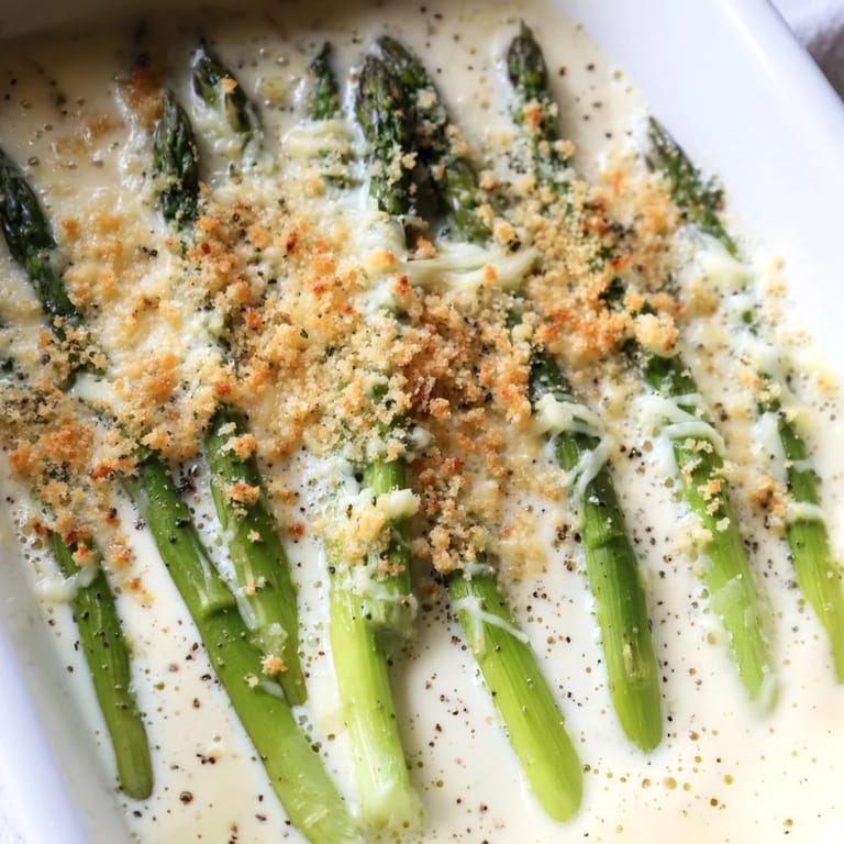 Golden brown Asparagus Casserole served as a side dish, garnished with fresh herbs on a rustic table.