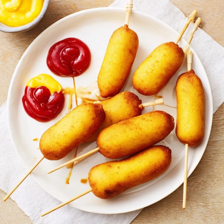 Dripping with batter, a Classic Corn Dog fries to golden perfection in bubbling oil for a tasty snack.