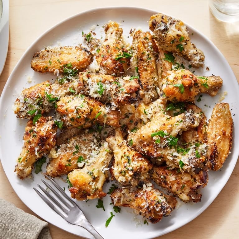 Golden brown Garlic Parmesan Wings tossed in a rich buttery sauce, served with celery and blue cheese dip.