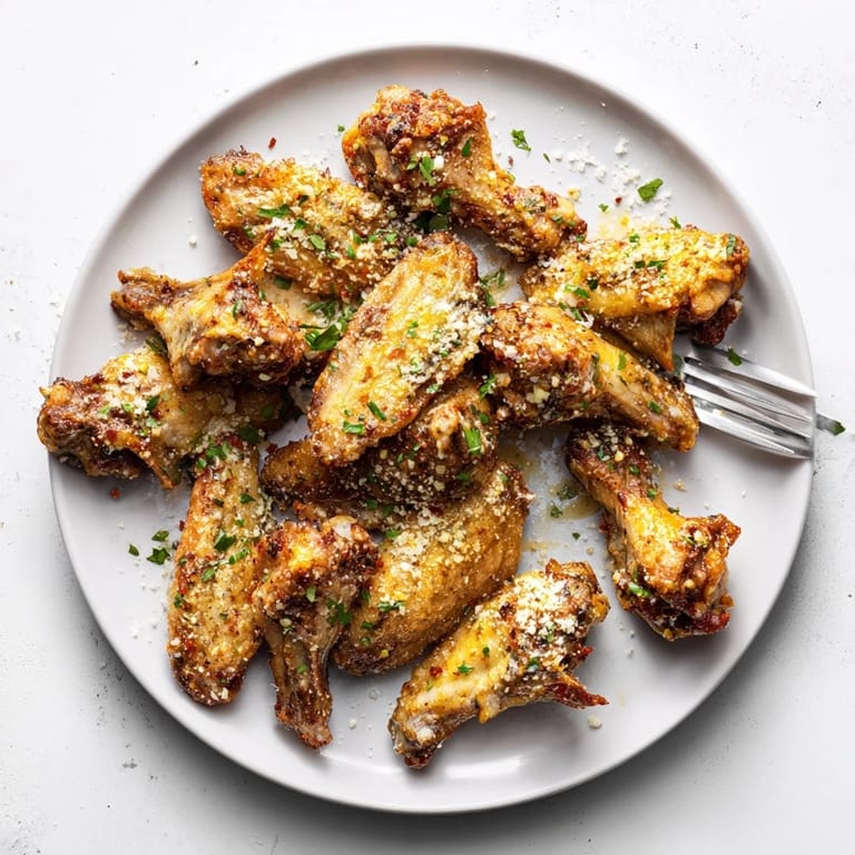 Platter of baked Garlic Parmesan Wings garnished with extra Parmesan, perfect for game day appetizers.
