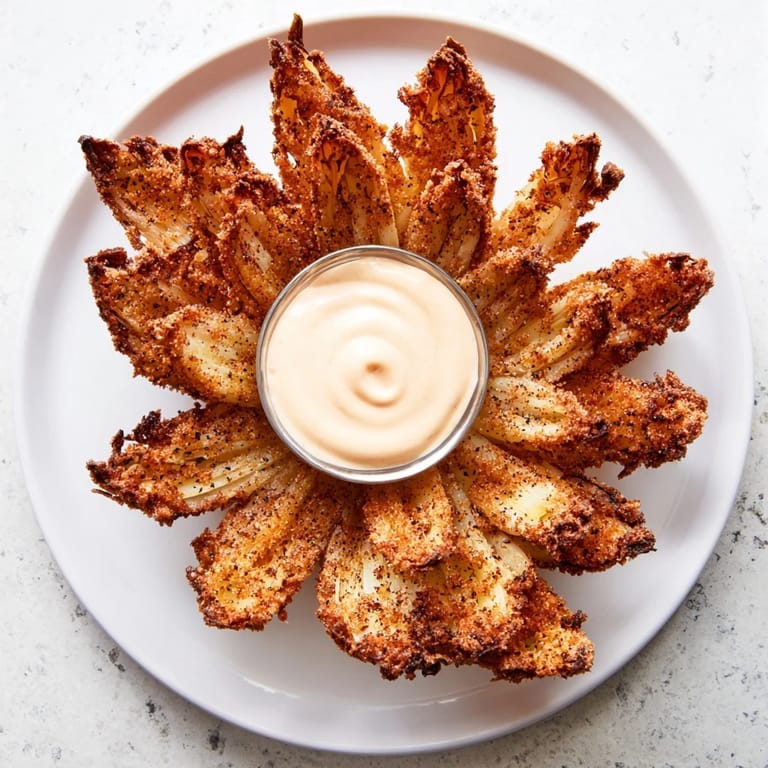 Perfect party Blooming Onion recipe with a crispy, deep-fried blossom and a zesty, creamy dipping sauce on the side.