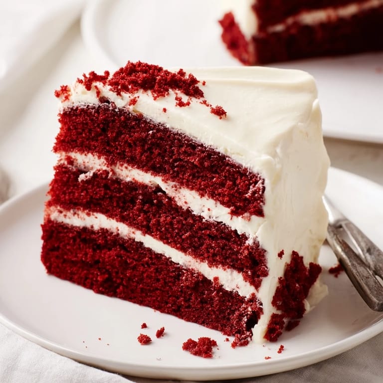 Homemade Southern Red Velvet Cake with velvety cocoa layers and tangy frosting, shown sliced on a white plate for a special celebration.